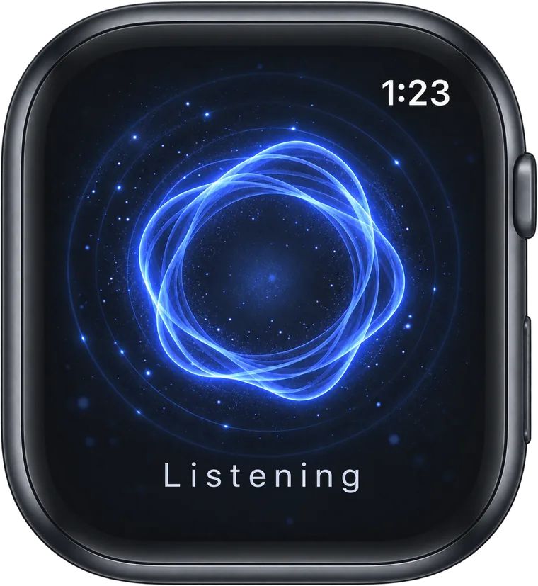 An Apple Watch showing the app listening: a bright ring of orbiting lines over a dark field, with the word Listening beneath it.